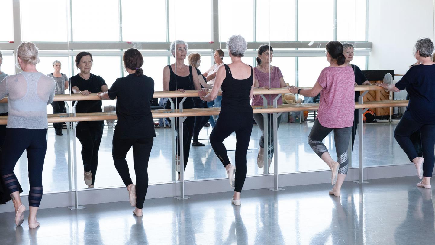 Students at the barre on the Academy of Northern Ballet's Over 55s class. Photo Kathie Tiffany