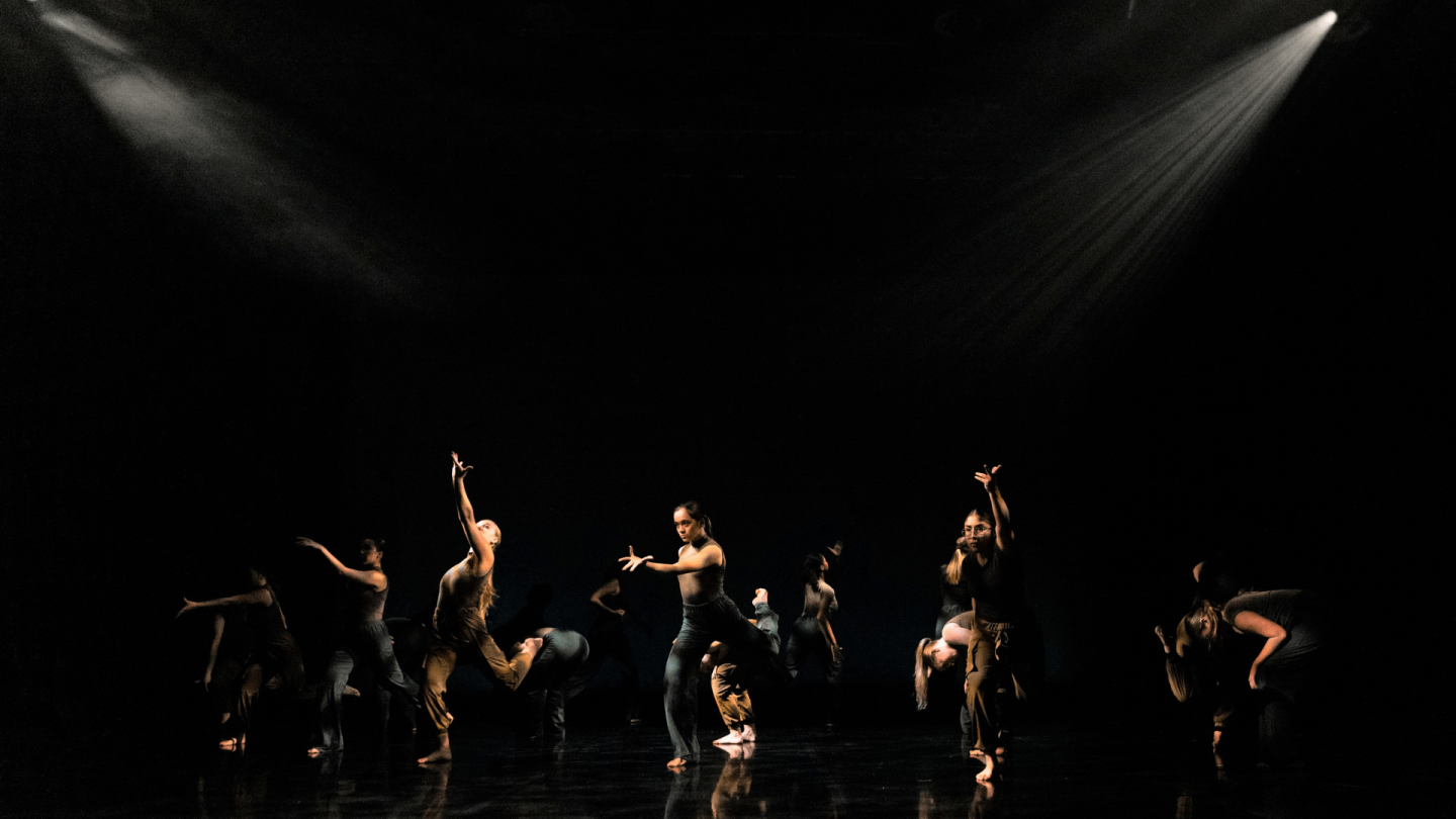 Dancers stand on a darkly lit stage, holding various poses with their arms and legs spread out. They are wearing brown, black and grey coloured trousers and short sleeved tops.