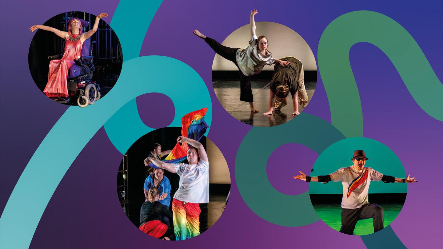 Four circles each featuring dancers of different abilities against a stylised purple backdrop with green and turquoise 'rivers' passing through