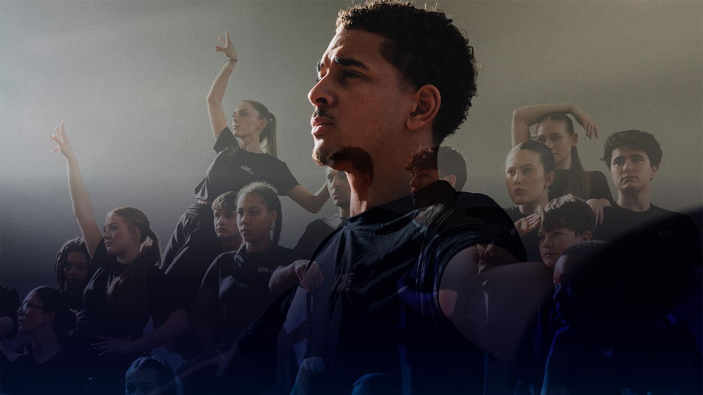 Man with short hair staring into the distance with an overlay of a mixed group of dancers striking various poses