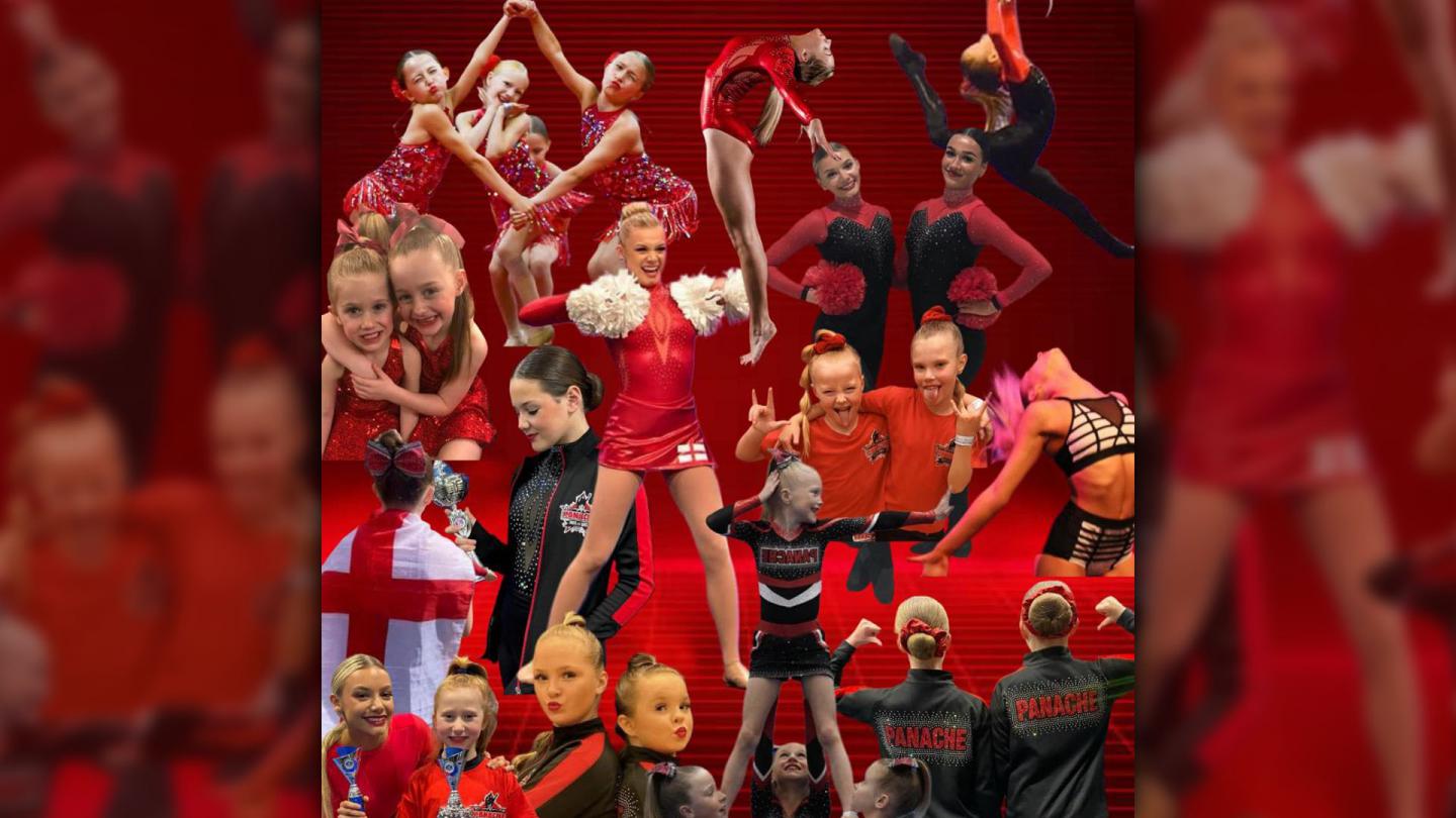 A collage in red of dance students performing, celebrating and universally smiling