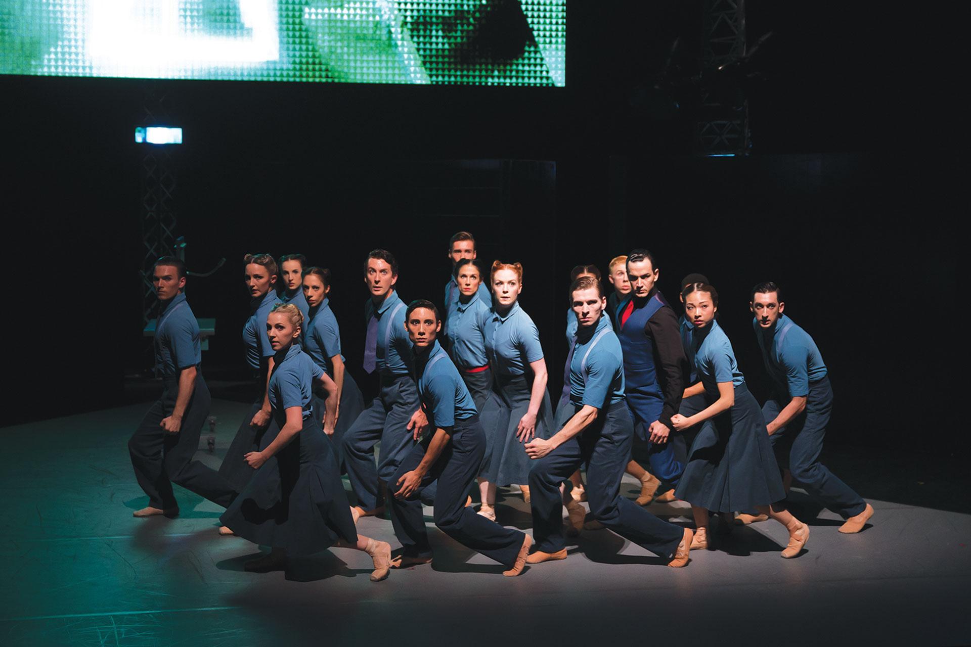 Members of the party move in unison under the instruction of Big Brother