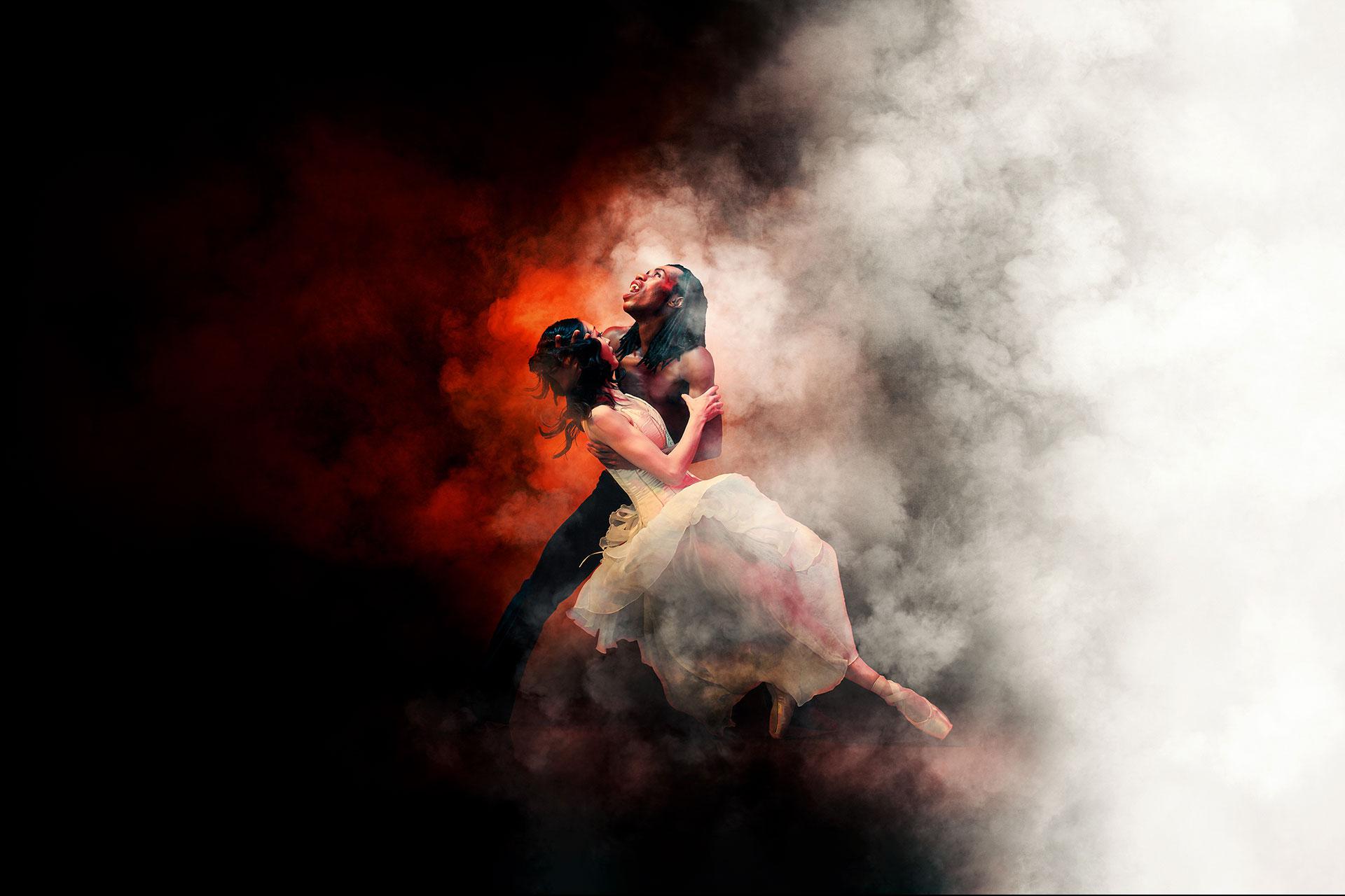 The poster image for Dracula with Mlindi Kulashe as the title character and Minju Kang holding on to him. Photo Guy Farrow
