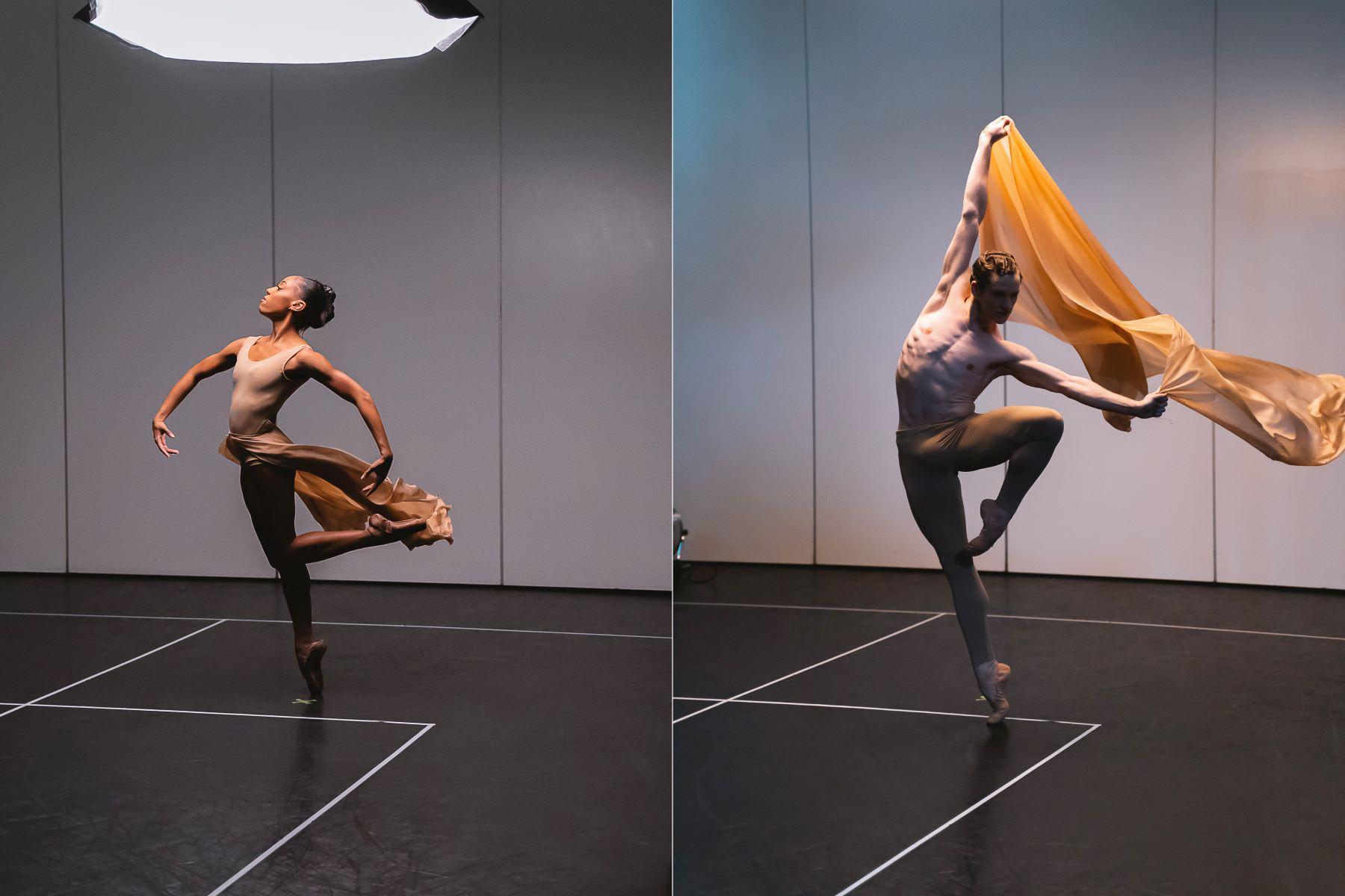 A split photo. On the left, a female dancer stand en pointe in a gold leotard. On the right, a topless male dancer stands on one foot, holding fabric above his head.