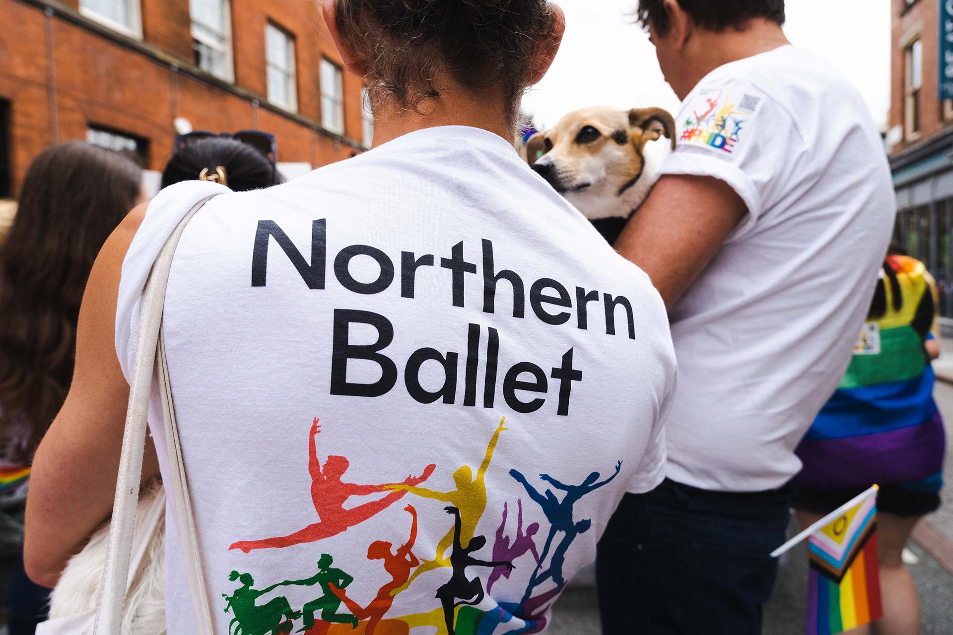 Reverse of Northern Ballet Prode 2014 T-Shirt with the logo and silhouettes of dancers each brightly coloured