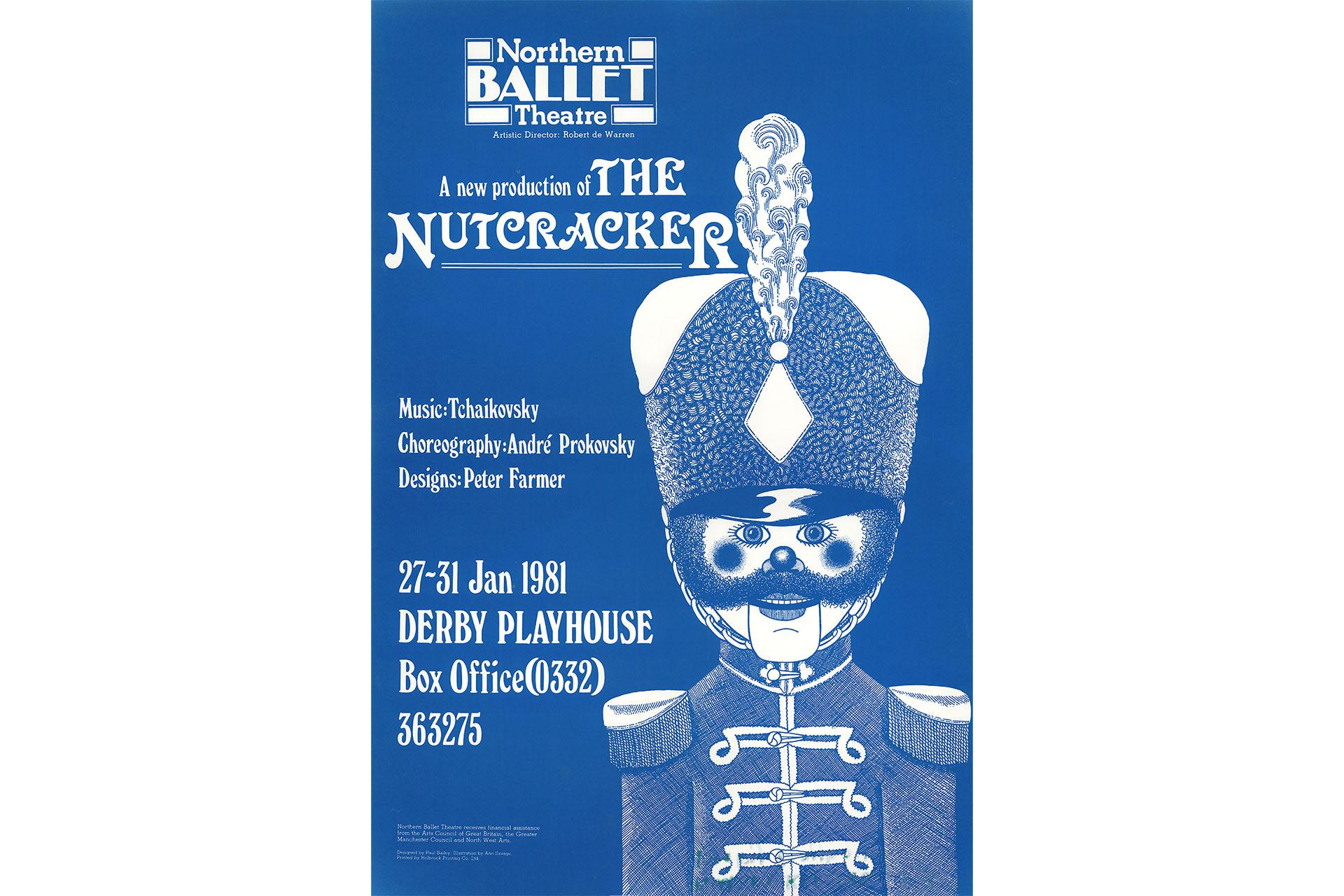 A royal blue poster of The Nutcracker from 1981 featuring a Nutcracker doll