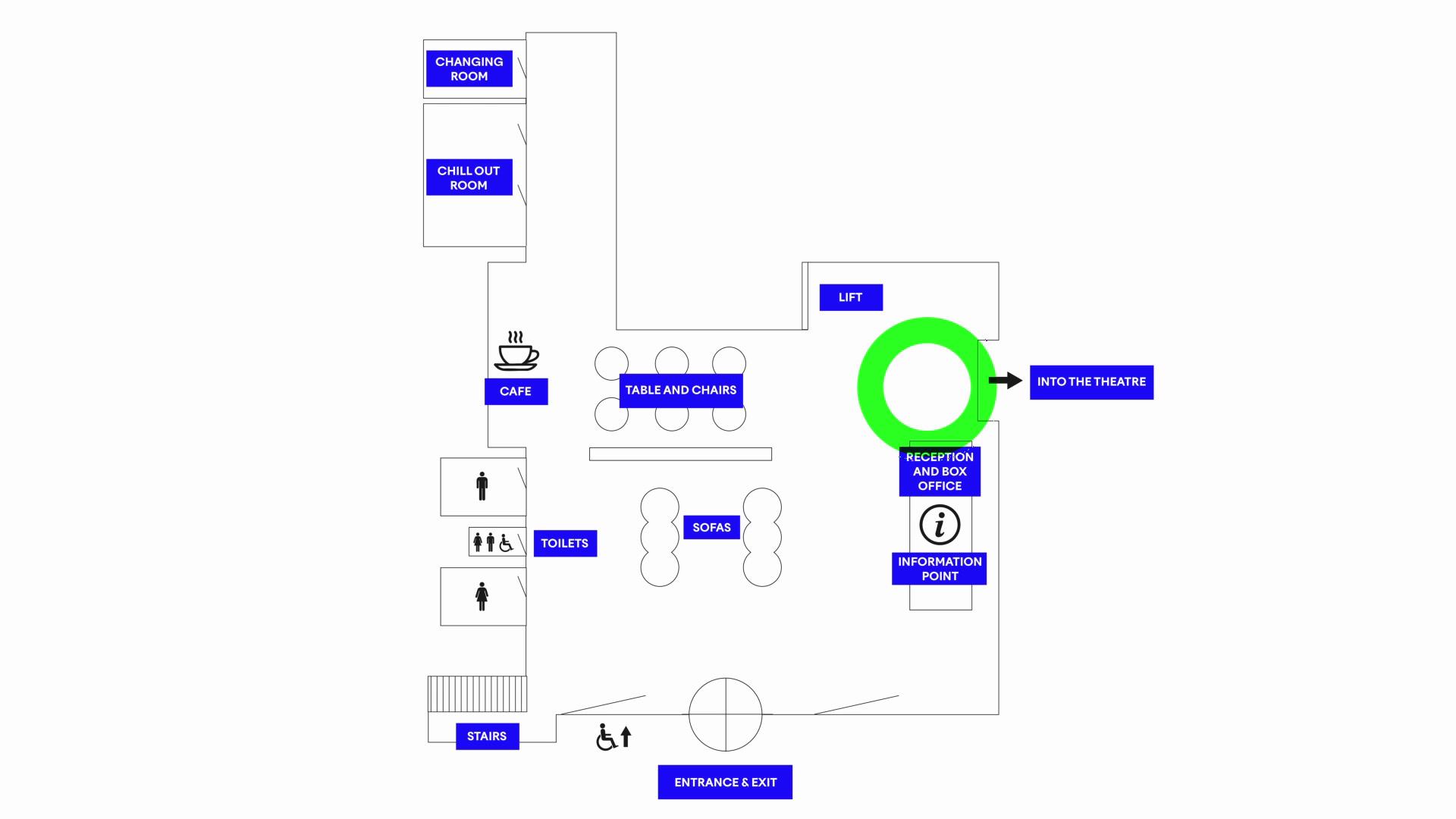 Map of the Northern Ballet ground floor layout with the theatre entrance highlighted