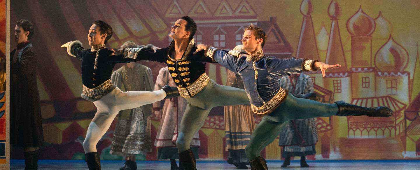 Dancers Riku Ito, Javier Torres and Nicola Gervasi in Cinderella. Photo Emma Kauldhar