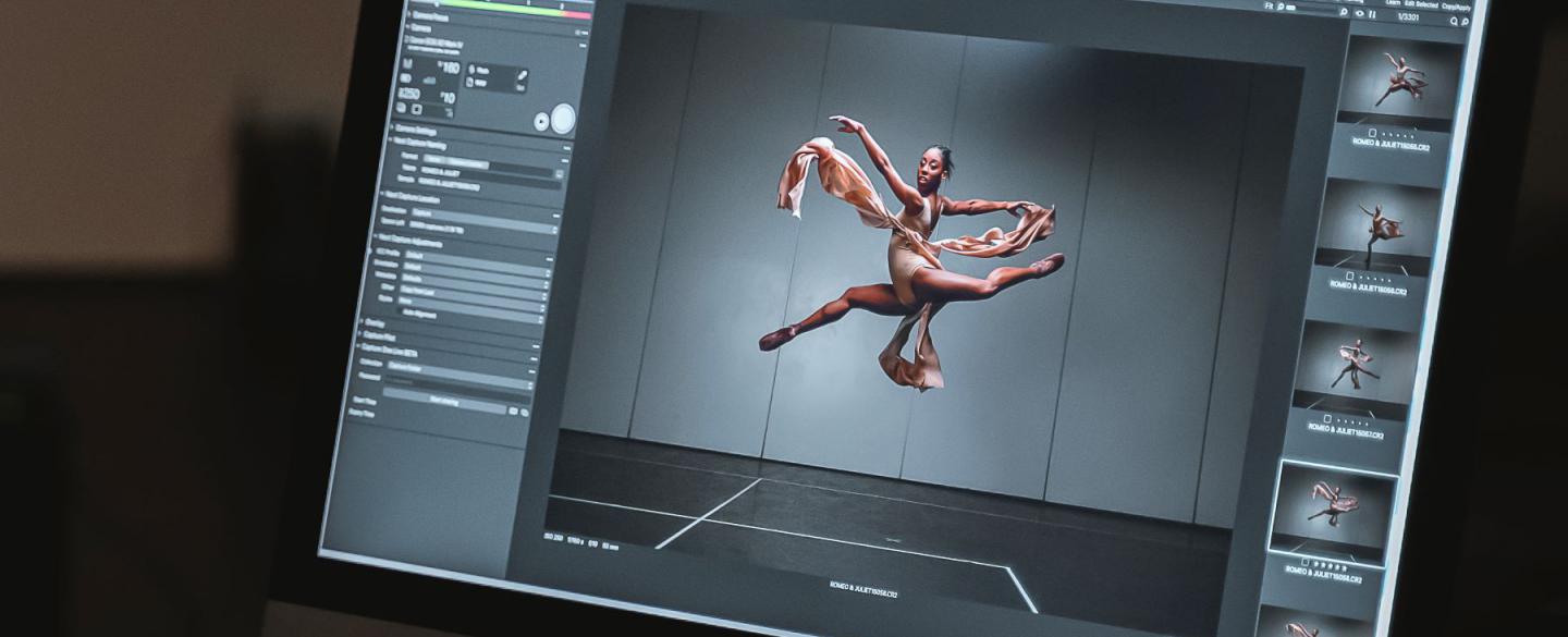 A monitor displays a preview of the Three Short Ballets poster shot.