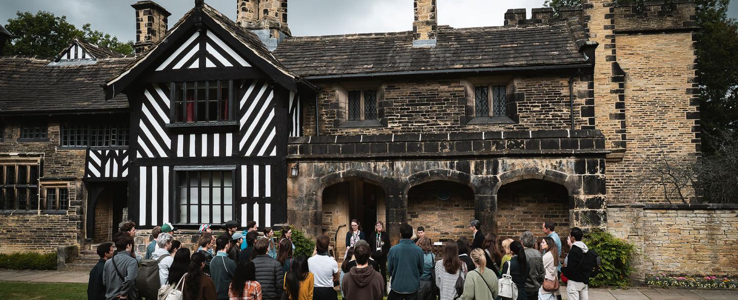 Northern Ballet dancers and Gentleman Jack creatives gathered outside Shibden Hall in Halifax learning about it and Anne Lister's history