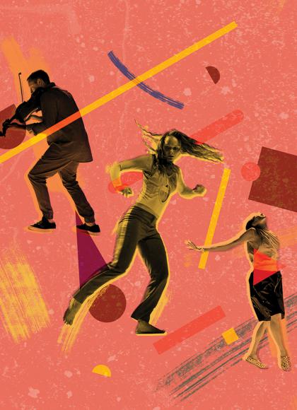 A stylised image of two dancers and a violin player on an orange backdrop