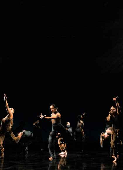 Dancers stand on a darkly lit stage, holding various poses with their arms and legs spread out. They are wearing brown, black and grey coloured trousers and short sleeved tops.