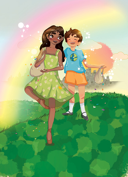 Illustration of a black dancer in a green dress en pointe and smiling, a small child in a blue T-shirt and orange shorts laughs next to her