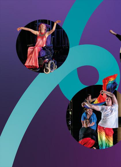 Four circles each featuring dancers of different abilities against a stylised purple backdrop with green and turquoise 'rivers' passing through