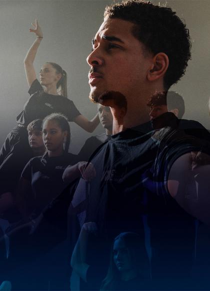 Man with short hair staring into the distance with an overlay of a mixed group of dancers striking various poses