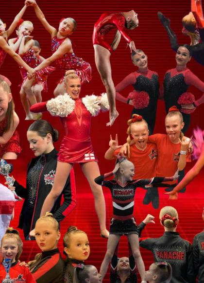 A collage in red of dance students performing, celebrating and universally smiling