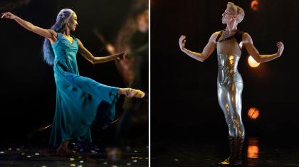 Lady of the Lake with supernaturally silver heait and a blue dress on the left, then on the sight Helios dress in shiny, close-fitting leggings and blonde hair